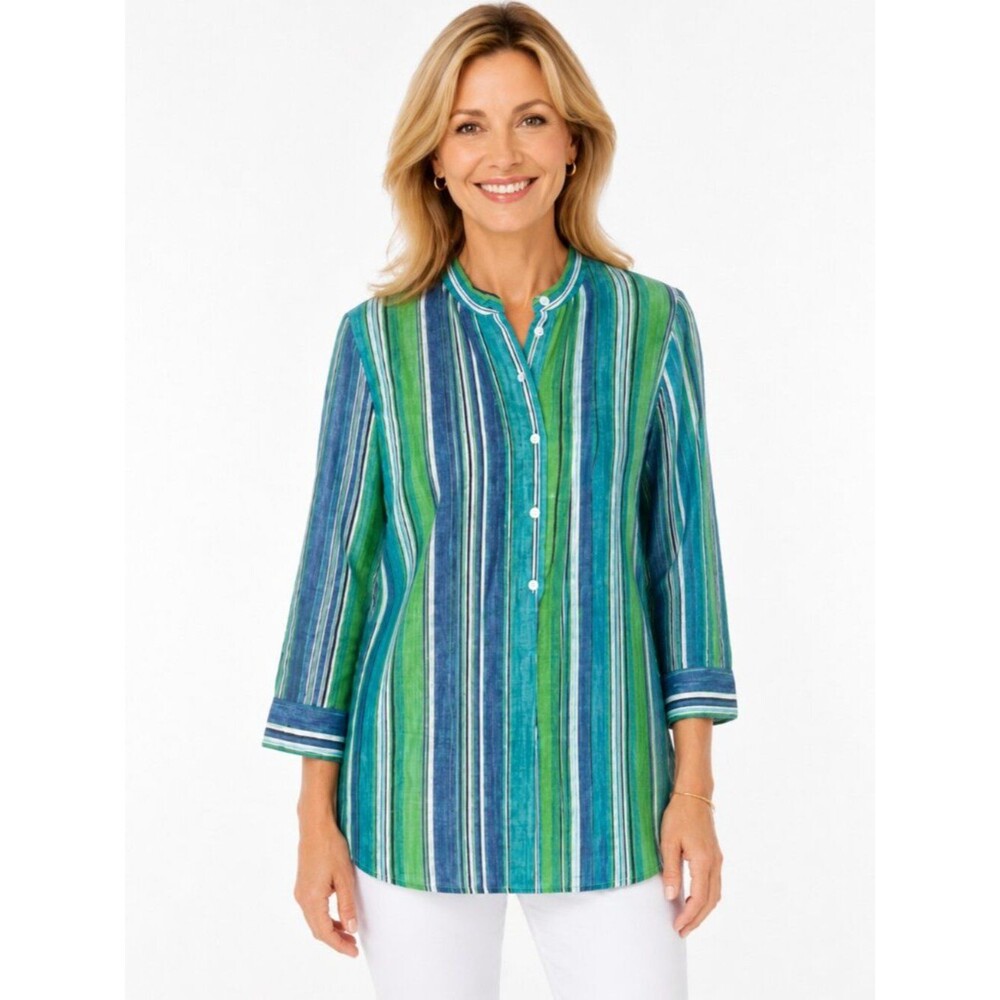 Jones New York Sport Pintuck Striped Linen Top Size Medium NWOT